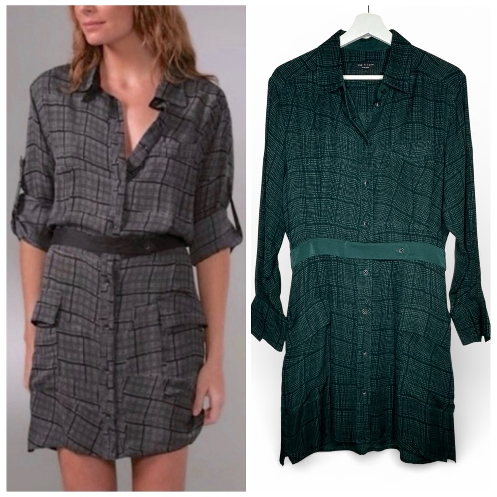 Rag & Bone Somerset Silk Shirt Dress Green Plaid Long Sleeve Button Front 2 XS S